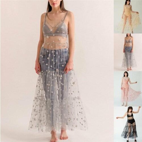 Fashion Women Straps Tulle Long Dresses Lace chiffon See Through Dress Bling Bling See Through Maxi Sexy Dress