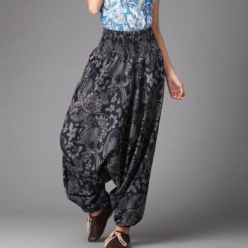 LZJN Nepal Style Baggy Pants Women Autumn Cross Pants Floral Cotton Linen Loose Ladies Long Trousers Elastic Waist Bloomers