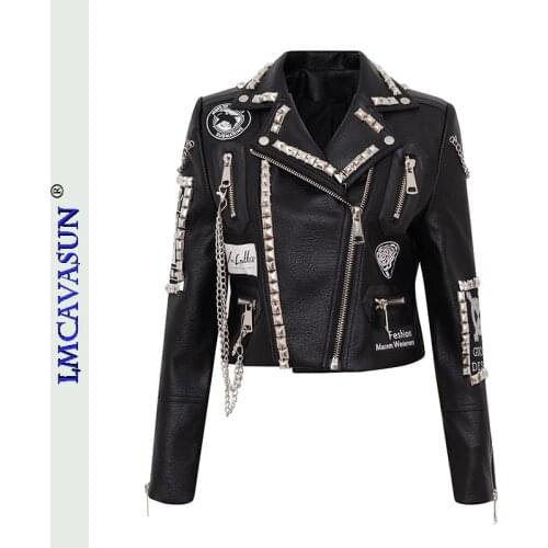 LEIMEICHEN PU Leather Jacket Women Rivet Punk Rock Jacket Biker Motorcyclist Black Short Coat Leather Top S—3XL MT-26957