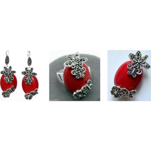 Fashionable Red Carved Lacquer Marcasite 925 Sterling Silver Ring(#7-10) Earrings & Pandent jewelry sets