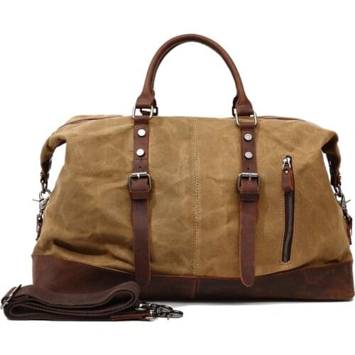 SOAEON Mens travel bag, canvas and leather hand luggage bag, large capacity waterproof one-shoulder hand luggage bag