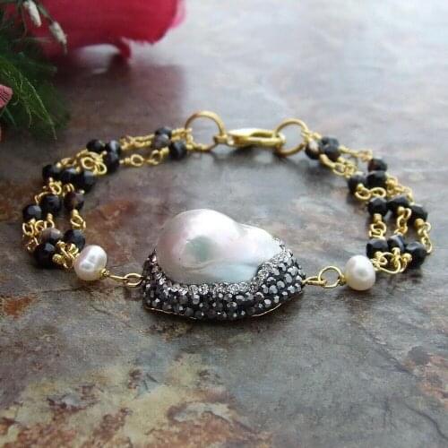 New Fashion Rosary Style 8" 3 Strands White Keshi Pearl onyx chain Bracelet for women