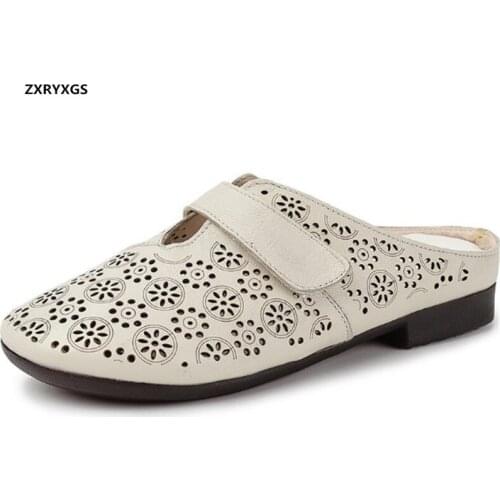 2020 New Round Toe Hollow Genuine Leather Slippers Fashion Sandals Elegant Comfort Casual Shoes Summer Womens Sandals Flat