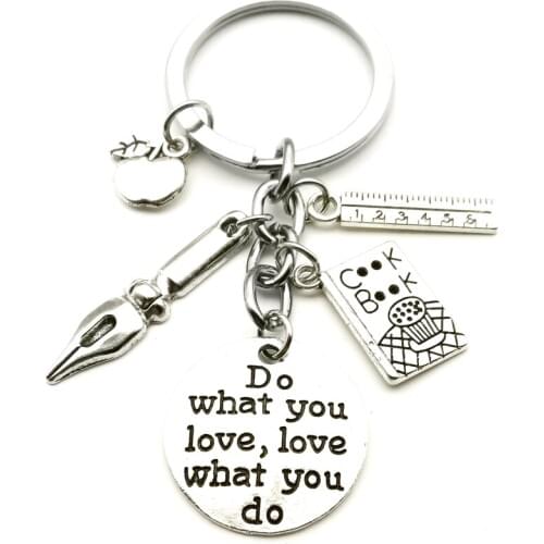 New Teacher Keychain, Pen Triangle Ruler Book Love Apple Keychain Accessories Jewelry Do What You Love, Love What You Do