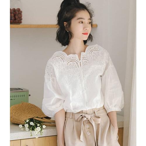 New Womens Spring Summer Embroidery Blouses Slash Neck Half Sleeve Cotton Shirts Korean Shirts Elegant Tops DD8264