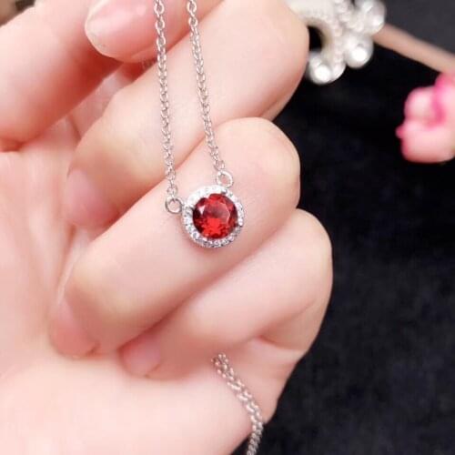 Natural red garnet Necklace Natural gemstone Pendant Necklace 925 sliver Elegant simple Small round Girl party gift fine Jewelry