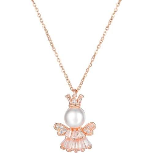 2020 Fashion Cute Angel Pearl Zircon Pendant Necklaces For Women Rose Gold jewelry Stainless Steel Chains bff Female Necklace