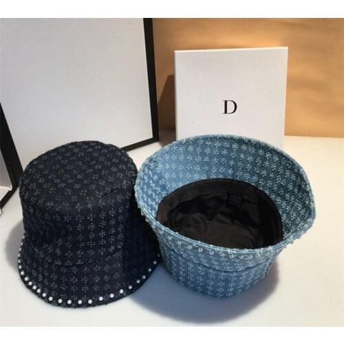 Vintage Foldable Designer Denim Bucket Hat with Pearls Womens Fisherman Caps Jean Bob Cap Streetwear Sun Protection Panama Hats