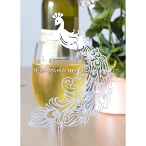 Peacock wedding wine glass decoration,laser cut paper peacock place card for wedding decoration