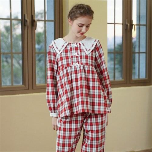 Pijama Pajamas women spring and autumn red plaid long-sleeved female cute Korean casual home service two-piece suit Nightgown