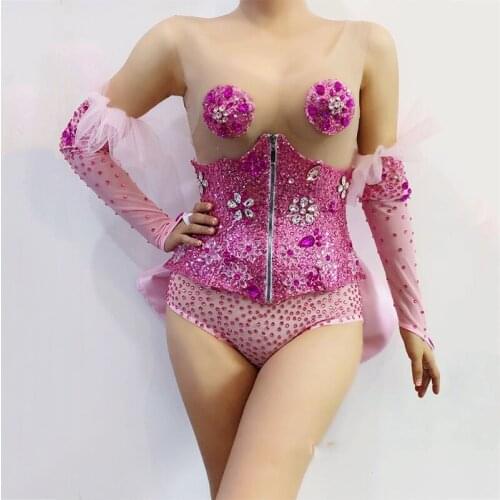 Sexy Pink Gloves Rhinestones Bow Bodysuit Nightclub Bar Pole Dance Clothing Gogo Costume Rave Stage Performance Wear DT2765
