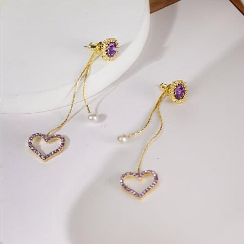 Sweet Girl Earrings Fashion Korean Version Of Purple Peach Heart Pearl Crystal Tassel New Temperament Net Red Long Earrings Kupe