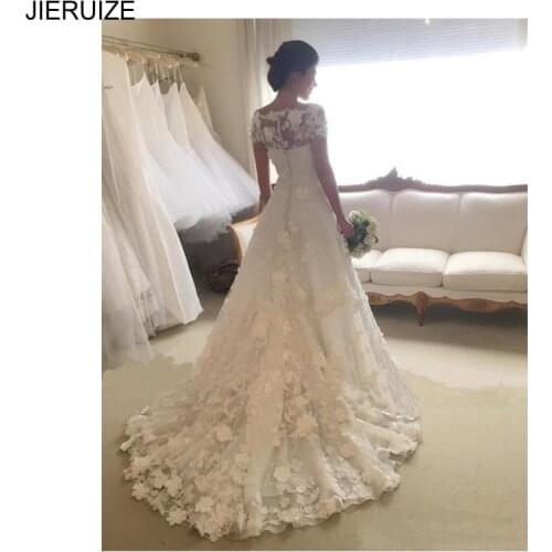 JIERUIZE White Flowers Wedding Dresses Scoop Neck Short Sleeves Button Back Wrap Wedding Gowns Long Bride Dresses robe de mariee
