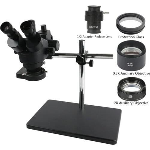 Simul-focal 3.5X 7X 45X 90X Trinocular Stereo Microscope+1/2CTV Adapter Lens+0.5X 1X 2X Objective Barlow Lens+56 Light