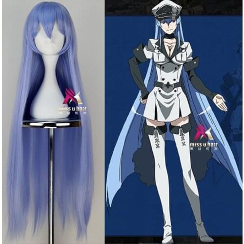 Akame Ga KILL! Esdeath Long Straight Cosplay Wigs High Quality Heat Resistant Synthetic Fake Hair Blue Anime Party+wig cap