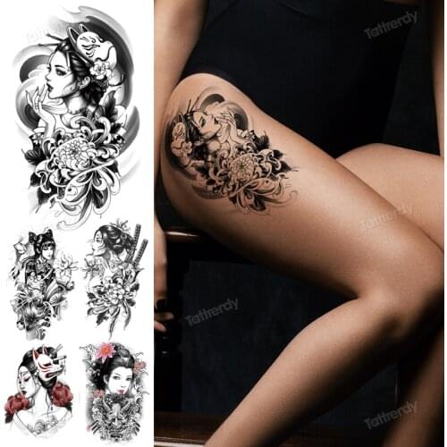 Japanese Geisha Temporary Tattoo Dark Moon Girl Waterproof Tattoo Sticker Body Art Leg Sleeve Arm Tattoos Fake Sexy For Women