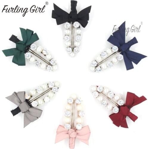 Furling Girl 1PC New Ribbon Bow Gliter White Pearls Hairpins For Girl Hairpins Hair Jewelry Diamond Hair Clips