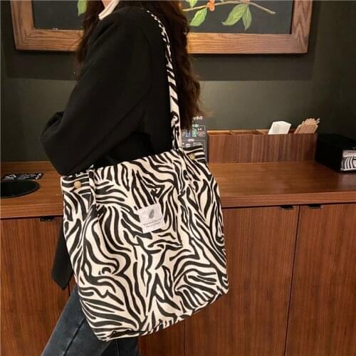 FUDEAM Soft Corduroy Zebra Hasp Women Shoulder Bag Simple Style Casual Tote Shopping Bags Female Handbag Student Canvas Book Bag