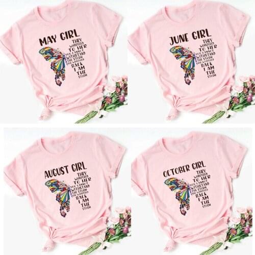 Women Clothes 2021 Pink Tshirt January To December Butterfly Print Birthday Girl Tshirt Femme Graphic Tees Female T-Shirt Gift