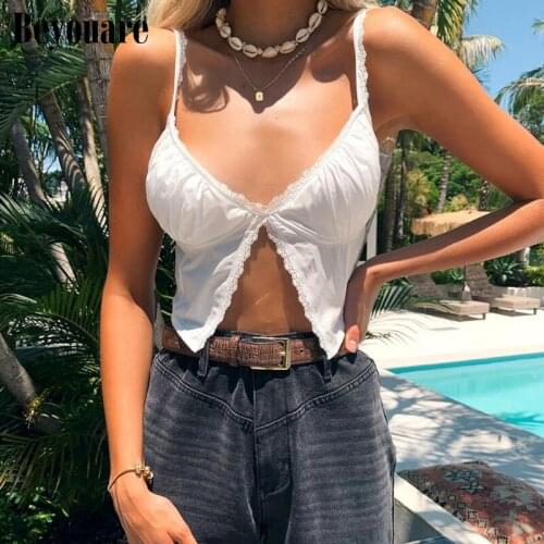 Beyouare Ruched Camis Sexy Splice White Summer Single Button Camisole Ladies Casual 2020 Fashion Cropped Top Lace Women Camis