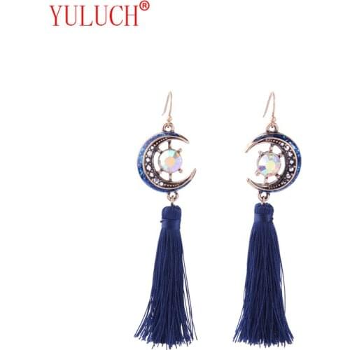 YULUCH Personality Women Wild Dress Accessories Star Moon Fringe Long Semi-precious stones Thin Face Pendant Earrings Party Gift