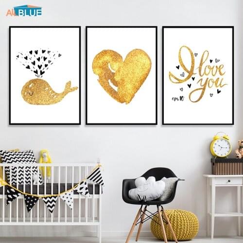 Gold Heart Whale Nordic Cartoon Baby Canvas Painting Nursery Wall Art Kids Poster Prints Love Quote Wall Picture Kids Room Decor