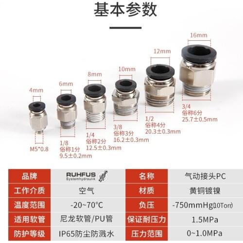 10pcs Pneumatic Tracheal Threaded Straight Through Quick Connector PC4 PC6 PC8 PC10 PC12 PC14 16-M5 01 02 03 04
