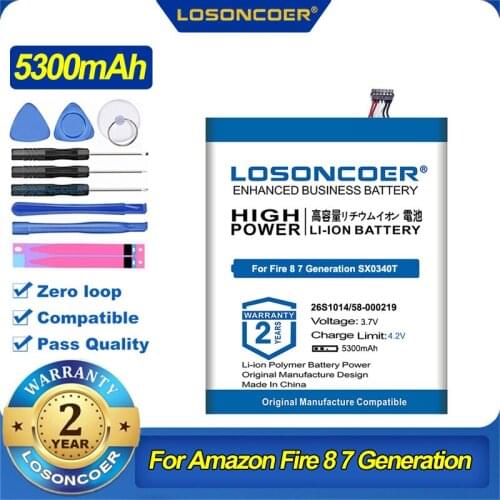 100% Original LOSONCOER 5300mAh 26S1014 58-000219 Tablet Battery For Amazon Fire HD 8 7th Generation,Fire 8.7,SX0340T