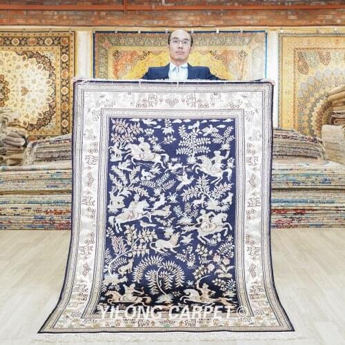Yilong 4'x6' HandKnotted Persian Silk Carpet Hunting Animal Scenery Rug (YJH151AB)