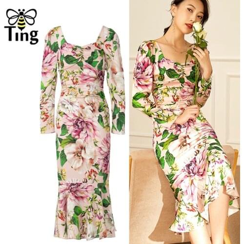 Tingfly Designer Vintage Elegant Flower Print Mermaid Party Night Dresses Retro Shys Lily Bodycon Satin Dress Midi Ruffles Robes