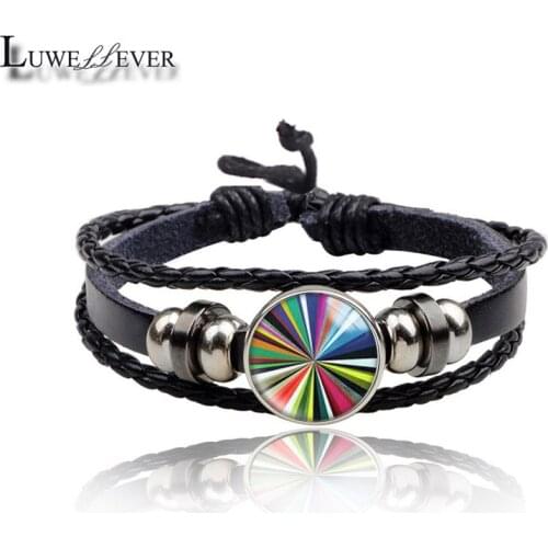 New 3743 Geometric 20mm Glass Genuine Leather Bracelet 18mm Snap Button Round Cabochon Charm Jewelry For Women Men Gift