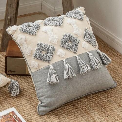 Tassels Tufted Throw Pillow Cover Tribal Boho Style Cotton Pillow Cases for Car Sofa Couch Bedroom Living Room Home Decor