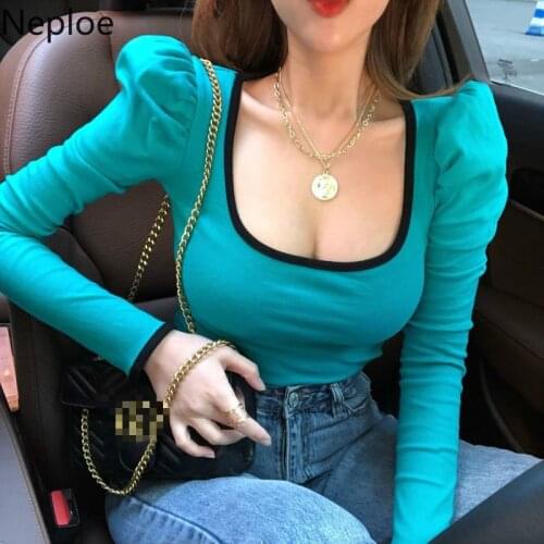Neploe T Shirts Women Sexy Square Collar Puff Sleeve Female Tops Summer 2021 new Casual Slim Fit Cotton Ladies Tees 1C168
