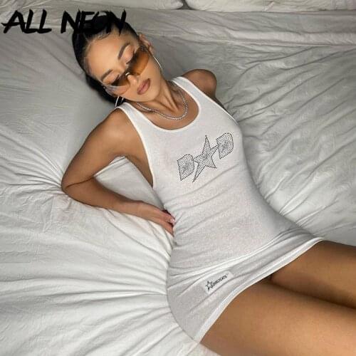 Cyber Y2K Diamond Letter Ribbed Tank Dresses Streetwear 2000s Bodycon Sleeveless White Short Dress Summer 2021 Vintage