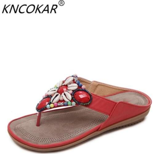 KNCOKAR 2018 Summer new style women fashion comfortable Bohemian style beaded large - size beach flip-flops size35-42