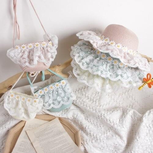 2PCS Princess Summer Beach Hat Female Panama Hat Lady Brand Women Flat Brim Bowknot Lace Wave Straw Cap Girls Sun Hat