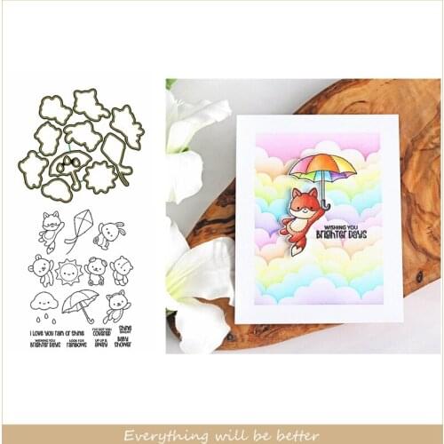 Mix Cute Animals Cartoon Sun Umbrella Kite Fox Clound Words Metal Cutting Dies Match Clear Silicone Stamps Scrapbook Craft Cards