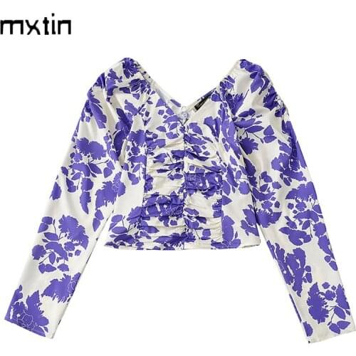 MXTIN 2021 Women Spring Fashion Floral Print Folds Cropped Blouses Vintage V-Neck Long Sleeve Female Shirts Blusas Casual Tops