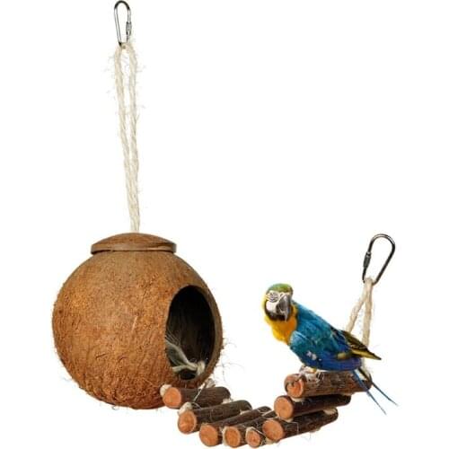 Natural Coconut Shell Bird Nest House Hut Cage Feeder Pet Parrot Parakeet Toy Q1JA