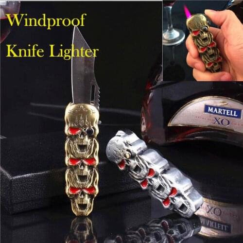 Unusual Creative Skull-shaped Gas Lighter with Knife Multi-function Windproof Cigar Lighters Smoking Portable Outdoor Survival