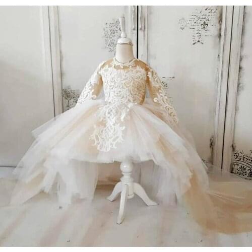 New Champagne Long Sleeve Flower Girl Dress Lace Applique high-Low Baby Girl Birthday Dress Party Pageant Gown 2-16Y