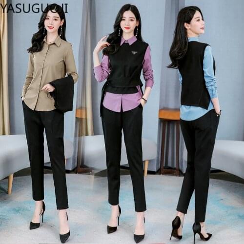 YASUGUOJI Office Ladies 3 Piece Set Women Slim Fit Three Piece Sets (Vest+Shirt+Pants) Work Dress Sets Suits Womens Clothing