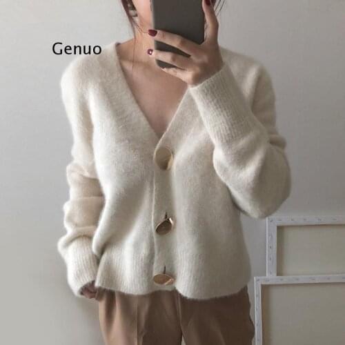 Autumn Winter Fashion Women Mink Cashmere Cardigan Sweater Female V-neck Knitted Long haired mink cashmere sweater