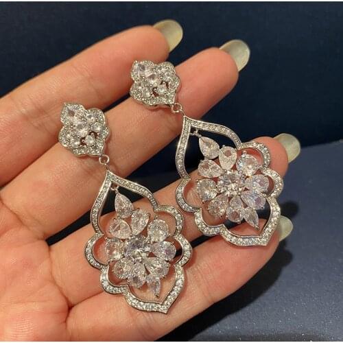 Luxurious Long Hollow Out Pattern Earrings Cubic Zircon Crystal Water Droplets Bridal Wedding Dress Accessories Women Jewelry