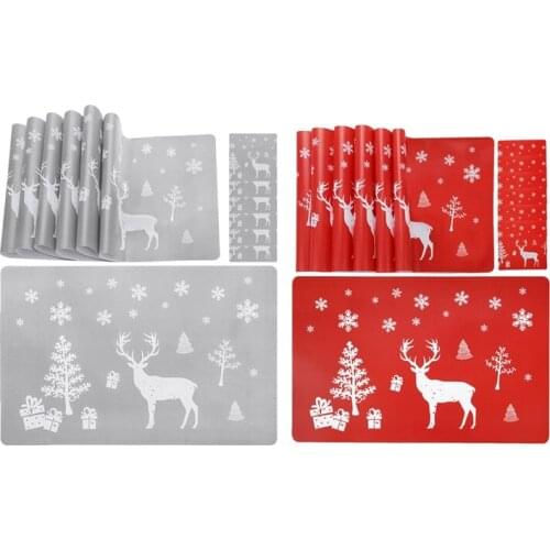 Christmas Placemat Washable Table Place Mat Set Of 6 Placemat & 6 Cup Mats,Elk, Christmas Tree, Snowflake Printed-ABUX