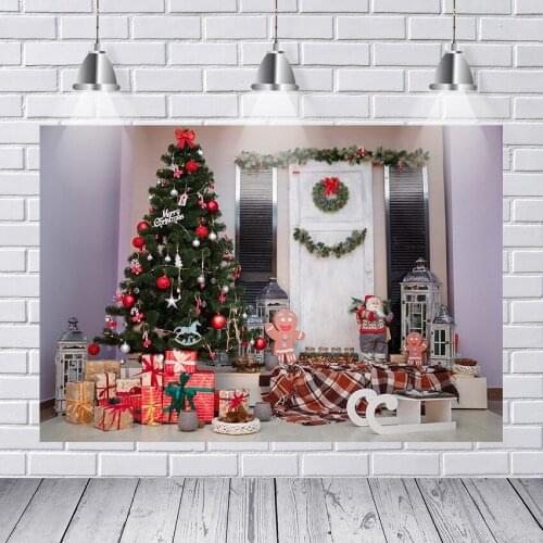 Christmas photo Background Santa Claus Gingerbread man Background Christmas tree gifts toys new winter photography props