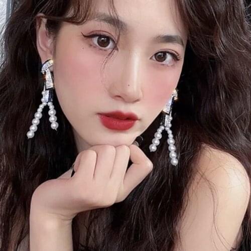 TIMEONLY Luxury Simulated Pearl Wide Rhinestones Dangle Earrings for Women Girls Cubic Zircon Elegant Earring Wedding Jewellery