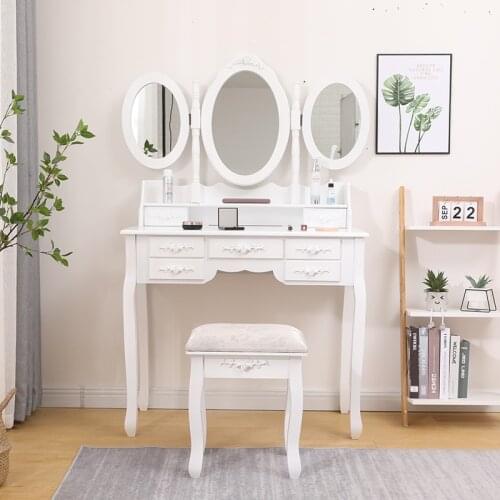 Dressing Table Stool Bedroom Furniture White Mirror Makeup Table in MDF with 7 Drawers and 3 Oval Rotatable Mirrors HWC