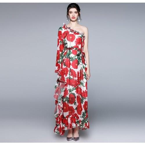 Bohemia Summer Holiday Ruffles Maxi Floral Dress Women One Shoulder Lotus Leaf Charming Flower Printed Loose Chiffon k1878