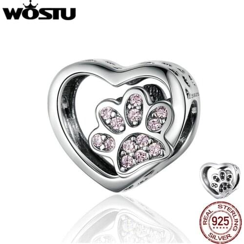 WOSTU Heart Dog Paw Beads 925 Sterling Silver Pink Cubic Zirconia Charm Fit Original Bracelet Animal Pendant Jewelry C1191